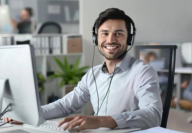a man smiling man wearing headphones sitting in front of computer